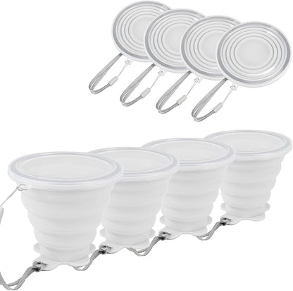 JBER Silicone Collapsible Travel Cup, 4 Pack Silicone Folding Camping Cup with Lids Expandable Drinking Cup for Outdoor Hiking Travel (White Translucent)