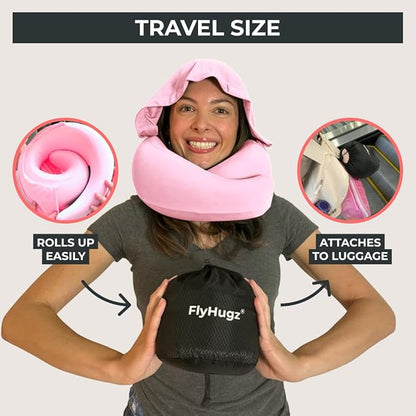 FlyHugz® 2.0 Hooded Travel Pillow – 2025 Original Release – Memory Foam Neck Pillow with Adjustable Hood & Premium Elastic Washable Cover – First Class Comfort for Flights, Road Trips & Sleep- Pink