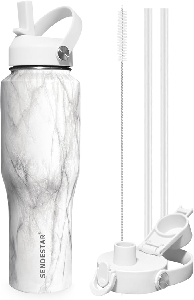 SENDESTAR 40oz Stainless Steel Water Bottle(Cold for 48 Hrs, Hot for 24 Hrs),Double Wall Vacuum Insulated Bottle with Straw Lid, Spout Lid and Flex Cap, Fit in Any Car Cup Holder,Marbling
