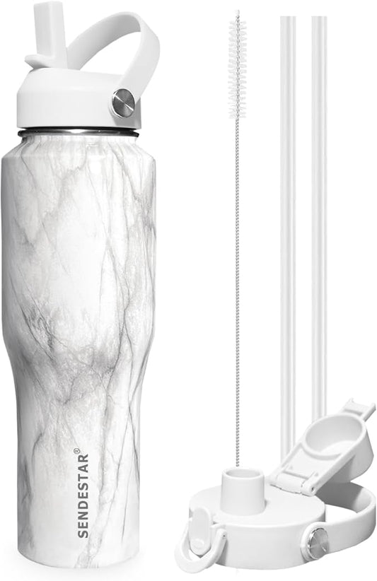 SENDESTAR 40oz Stainless Steel Water Bottle(Cold for 48 Hrs, Hot for 24 Hrs),Double Wall Vacuum Insulated Bottle with Straw Lid, Spout Lid and Flex Cap, Fit in Any Car Cup Holder,Marbling