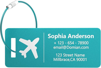 4 Personalized Metal Luggage Tags, Laser Engrave Name and Logo, Custom Aluminum Suitcase Tags with Steel Ring, for Travel, Backpack, Baggage (Lake Blue)