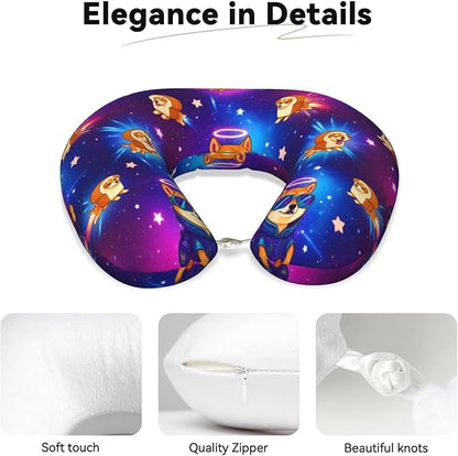 Breathable Neck Pillow for Sleeping Rest Nap Purple Galaxy Space Shiba Inu Doge, Airplanes/Car/Home Memory Foam Travel Cushion with Polyester Cover Washable for Women Men