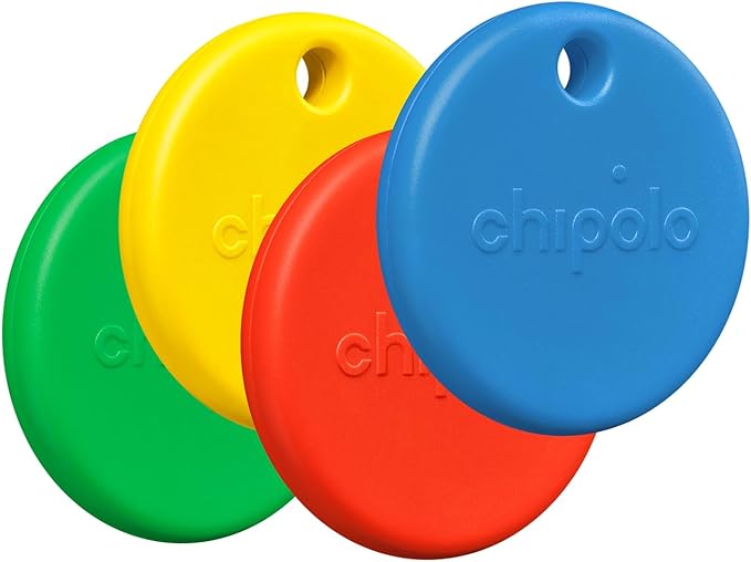 Chipolo POP Tracker Tag - Colorful, Compatible, Loud Bluetooth Tracker with Call Your Phone & Out of Range Alert, Works with Apple Find My or Google's Find My Device - 4 Pack (Color Mix)