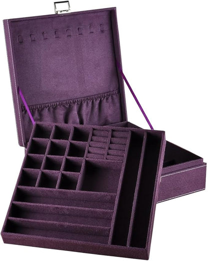 Jewelry Boxes 10 x 10 Inches 2-layer Handle Necklace Holder Organizer Jewellery Women Rings Storage Display Girls Earrings Case Lockable Jewelry Tray GY641 (Purple)