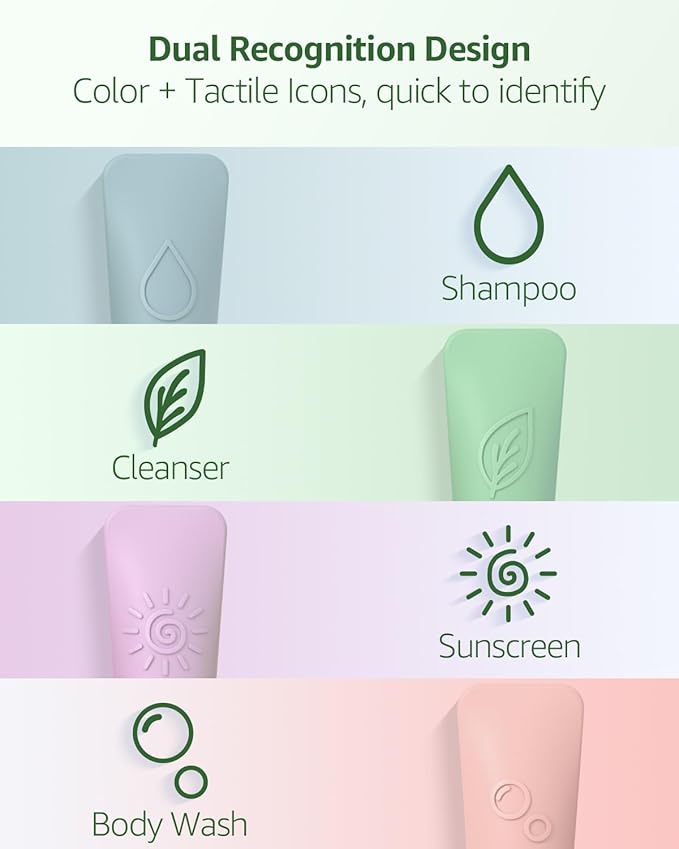 23-Piece All-in-One Silicone Travel Bottles Set – TSA Approved Leakproof Toiletry Kit with Double Bags, Flat Easy-Squeeze Bottles with Tactile Icons, Cream Jars, Pump & Spray, Cleaning Brush