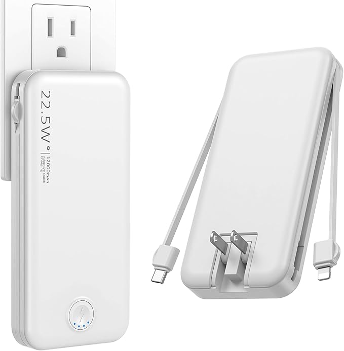 22.5W Super Fast Charging Portable Charger with Wall Plug,12000mAh USB-C Power Bank Built-in 2 Cable, Lightweight Phone Charger Travel Battery Pack for All iPhone, Samsung, Tablets