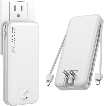 22.5W Super Fast Charging Portable Charger with Wall Plug,12000mAh USB-C Power Bank Built-in 2 Cable, Lightweight Phone Charger Travel Battery Pack for All iPhone, Samsung, Tablets