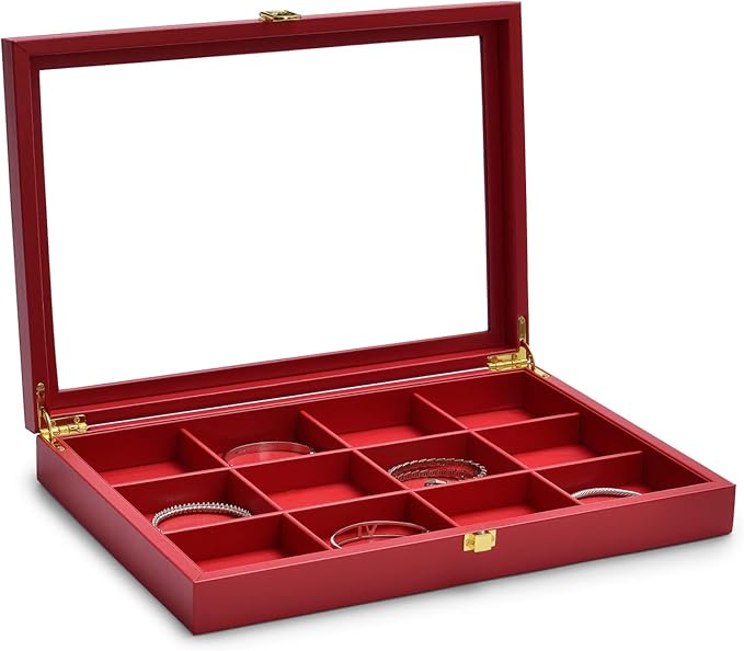 Oirlv 12 Gird Jewelry Tray with Acrylic Lid Premium Leather Jewelry Organizer Box Transparent Lid Bracelet Bangle Storage Case for Women Gift