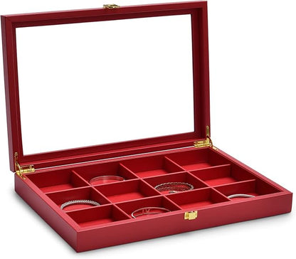 Oirlv 12 Gird Jewelry Tray with Acrylic Lid Premium Leather Jewelry Organizer Box Transparent Lid Bracelet Bangle Storage Case for Women Gift
