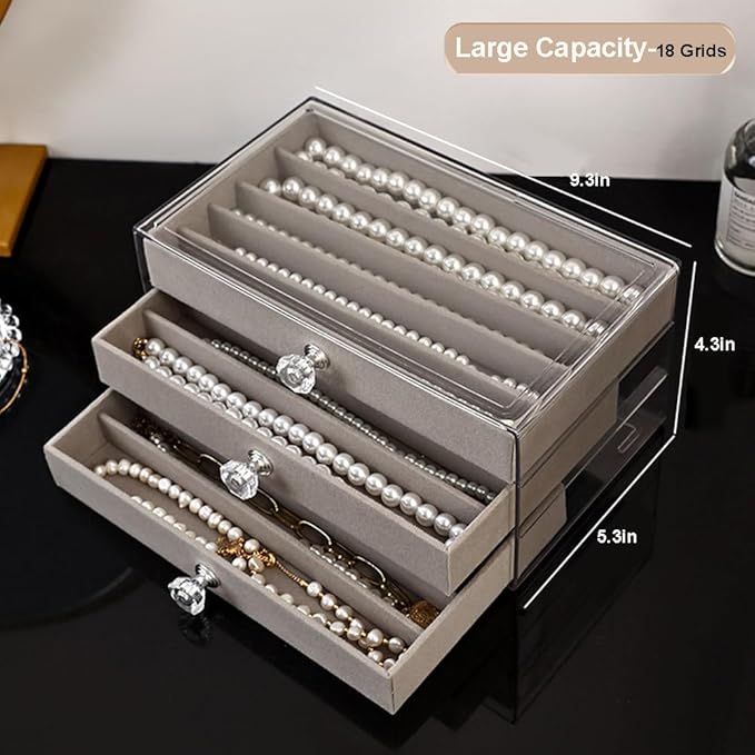 SPAKOWN Necklace Organizer Box, Velvet Necklace Box Holder Tray with Clear Lid Chains Showcase Stackable Necklace Storage for Pendant Bracelet (3 Drawers - Grey)
