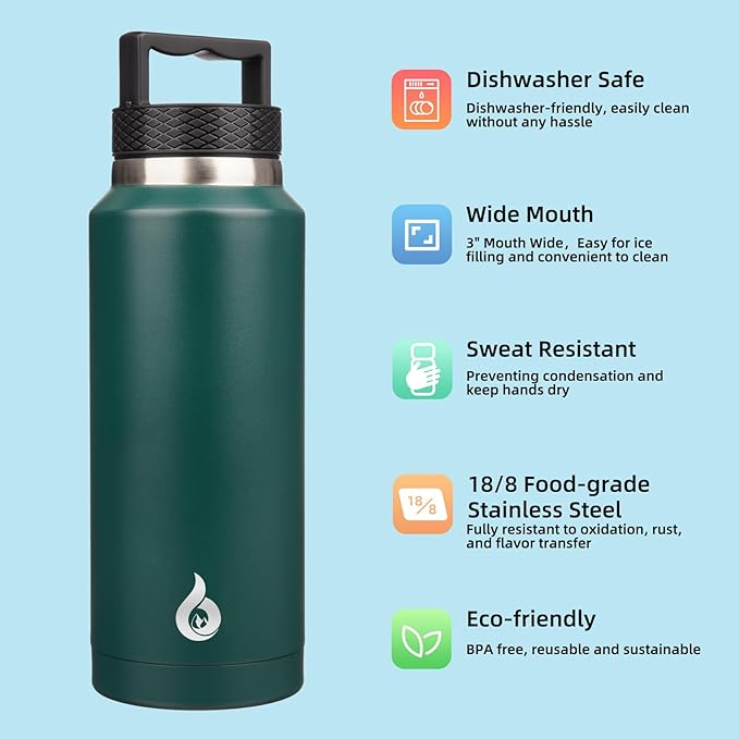 BJPKPK Insulated Water Bottles, Dishwasher Safe 36 oz Water Bottle with Handle, Leakproof BPA Free Thermal Flasks, Stainless Steel Jug for Sports, Army Green
