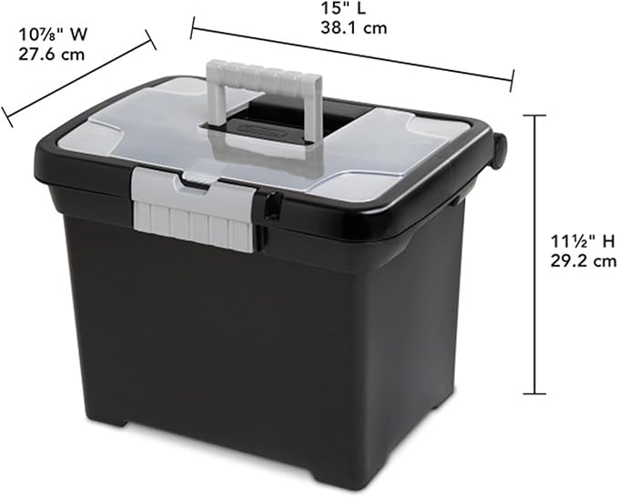 Sterilite Portable File Box, Stackable Storage Bin with Latching Lid and Handle, Plastic Container to Organize Papers in Home, Office, Black, 4-Pack