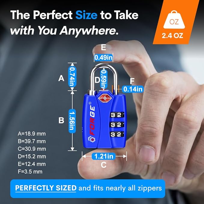 Forge TSA Luggage Combination Lock - Open Alert Indicator, Easy Read Dials, Alloy Body- Ideal for Travel, Lockers, Bags (Blue 4Pk)