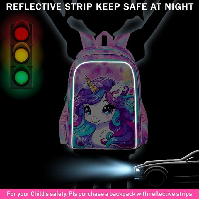 WZLVO 3PCS Unicorn Backpack for Girls, 16'' Kids Preschool Bookbag Set, Cute Water Resistant Kindergarten Elementary School Bag with Lunch Box