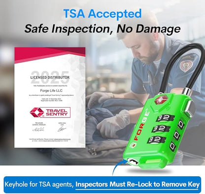 TSA Approved Cable Luggage Locks, Re-settable Combination with Alloy Body (Green 4 Locks)