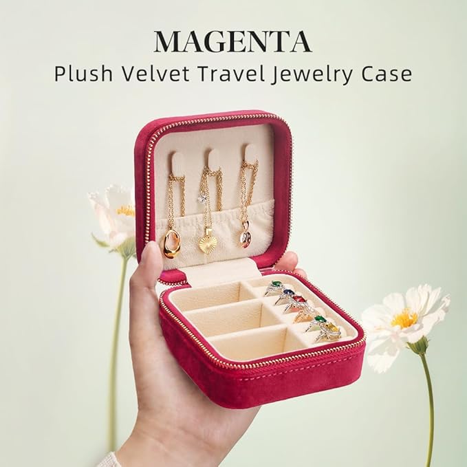 TAIMY Travel Jewelry Case, Small Plush Velvet Jewelry Box for Women and Girls, Portable Jewelry holder organizer for Rings Earrings Necklaces Bracelets(Magenta)
