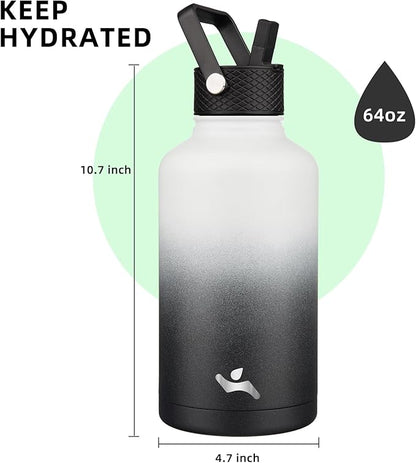 Half Gallon Insulated Water Bottle with Straw,64 oz 3 Lids Water Jug with Carrying Bag,Paracord Handle,Double Wall Vacuum Stainless Steel Metal Flask,Day Night