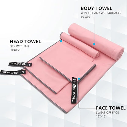 Eunzel 2 Set Quick Dry Camping Towel, Microfiber Travel Towel Super Absorbent Fast Drying Towel for Camping, Beach, Gym, Backpacking & Swimming(Two 3-Piece Towel Sets, Taro Purple/Pink)