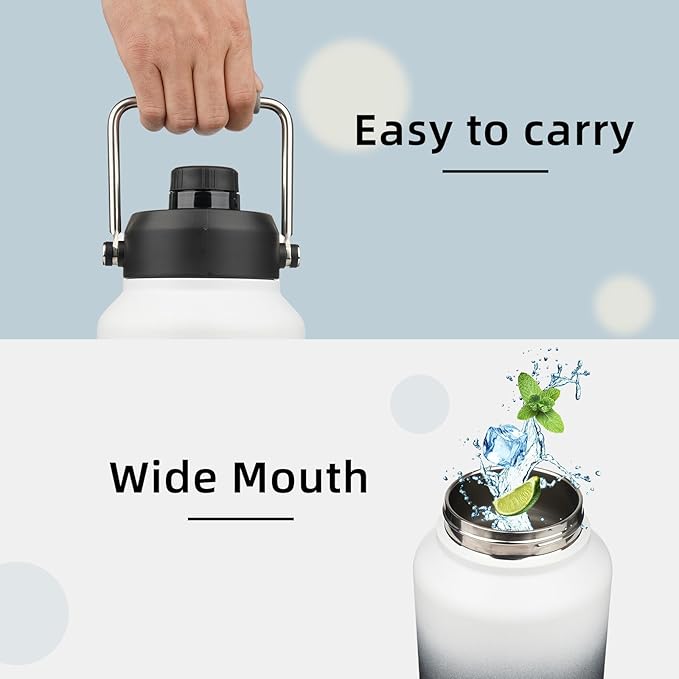 1 Gallon Jug with Handle,128 oz Insulated Water Bottle with Carrying Pouch, Double Wall Vacuum Stainless Steel Metal Bottle,Day Night
