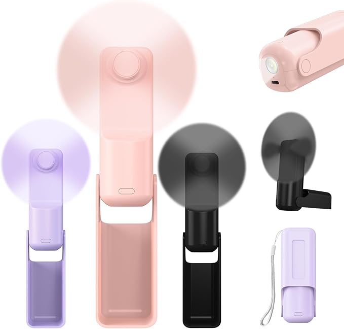 3 PCS Portable Mini Handheld Fans, 3 In 1 Foldable Small Pocket Fan Desk Personal Fan with Flashlight 3 Speeds, USB Rechargeable Battery Operated, Gift for Women Men Kids Office Outdoor Travel Camping