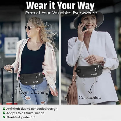 Money Belt for Travel with RFID Blocking Technology - Hidden Travel Money Pouch for Cash, Credit Cards, Passport, and Travel Valuables - Secure Water Resistant Money Belt for Men and Women - Black