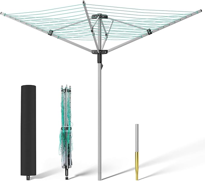 tonchean Rotary Umbrella Drying Rack Outdoors, 4-arm Umbrella Clothesline for Laundry, Adjustable Height Rotary Dryer Collapsible Clothes Drying Rack | 12-Lines with 165 ft. Clothesline