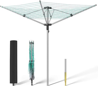 tonchean Rotary Umbrella Drying Rack Outdoors, 4-arm Umbrella Clothesline for Laundry, Adjustable Height Rotary Dryer Collapsible Clothes Drying Rack | 12-Lines with 165 ft. Clothesline