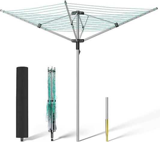 tonchean Rotary Umbrella Drying Rack Outdoors, 4-arm Umbrella Clothesline for Laundry, Adjustable Height Rotary Dryer Collapsible Clothes Drying Rack | 12-Lines with 165 ft. Clothesline