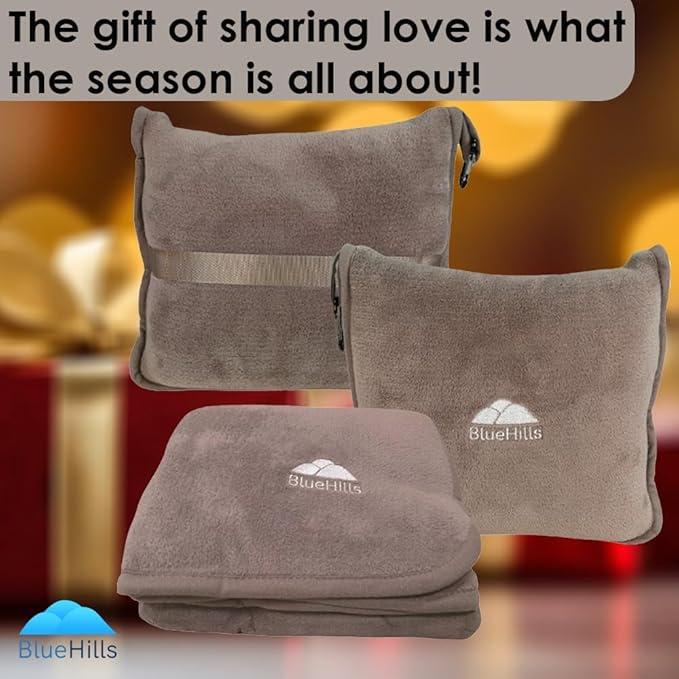 BlueHills Premium Soft Travel Blanket Pillow Airplane Flight Blanket Throw in Soft Bag Pillow case with Luggage Belt & Backpack Clip Compact Pack Large Airport Taupe T023