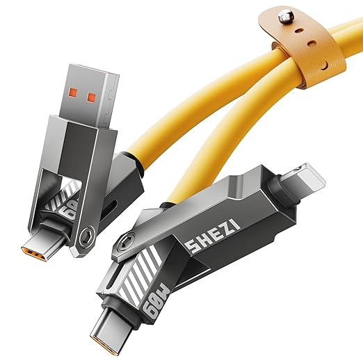 SHEZI Silicone 4 in 1 USB C Cable 60W 5FT Compatible with Lightning Cable, Fast Charging for iPhone Charger Cord [480Mbps Data Sync],Multi Charging Cable with Type C/USB A, Yellow