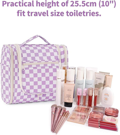 Narwey Checked Hanging Travel Toiletry Bag for Women, Travel Bag for Toiletries, Makeup Bag Organizer Cosmetic Bags Make Up Bags for Women (Purple Checkerboard)