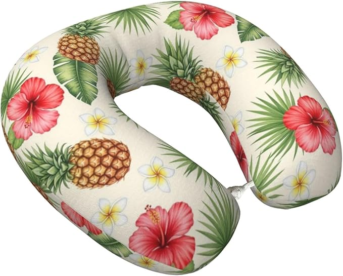 Neck Support Pillow, Comfortable Memory Foam Car/Flight/Airplane Chin Pillows U Shaped Cushion for Office Travel Sleeping Vintage Tropical Flowers Pineapple Floral