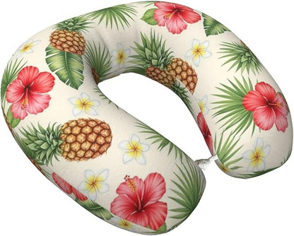 Neck Support Pillow, Comfortable Memory Foam Car/Flight/Airplane Chin Pillows U Shaped Cushion for Office Travel Sleeping Vintage Tropical Flowers Pineapple Floral