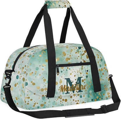 Personalized Kids Sports Duffel Bag with Name Custom Weekender Overnight Bag for Boys Girls Gym Bag Travel Dance Gymnastics Duffel Bag, Green Glitter Golden Shiny