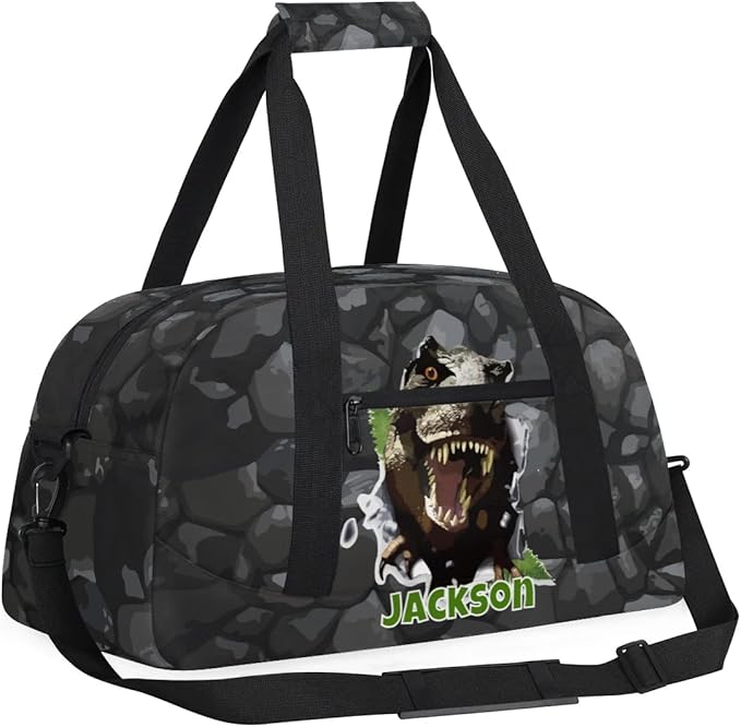 Personalized Duffel Bag for Kids Girls Boys, Scary Dinosaur Custom Name Gym Bag Overnight with Padded Handles Carry On Weekend Sports Travel Bag for School Practice Gymnastics Ballet