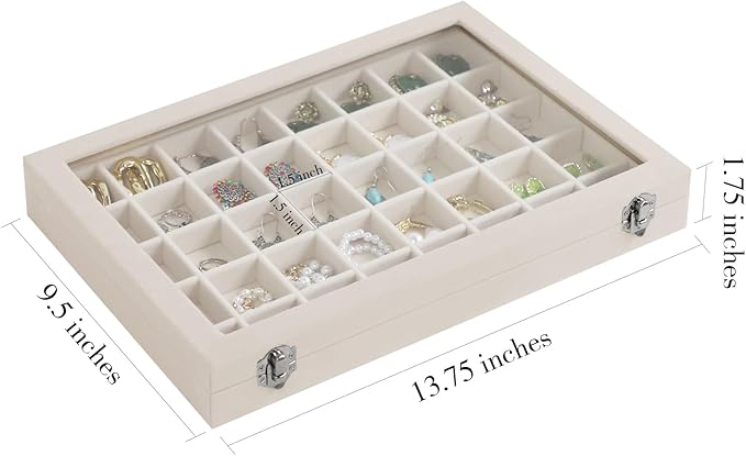 Stratalife Jewelry Organizer 40 Grid Jewelry Trays with Dust-proof Lid Velvet Earring Organizer Ring Holder Accessories Box Necklaces Earrings Storage for Women Drawers Cream
