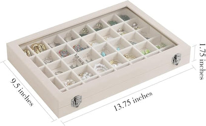 Stratalife Jewelry Organizer 40 Grid Jewelry Trays with Dust-proof Lid Velvet Earring Organizer Ring Holder Accessories Box Necklaces Earrings Storage for Women Drawers Cream