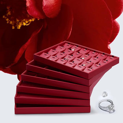 Oirlv Gorgeous Red Leather 24 Grid Jewelry Tray with Removable Inserts Jewelry Cards Stackable Necklace Trays Necklace Drawer Organizer