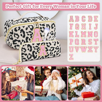 Personalized Travel Makeup Bag Set,Initial Travel Cute Leopard Makeup Organizer Bag,Toiletry Skincare Cosmetic Bag,Christmas Gifts for Women/Girls,Open Flat Toiletry Pouch with Brush Pocket-V