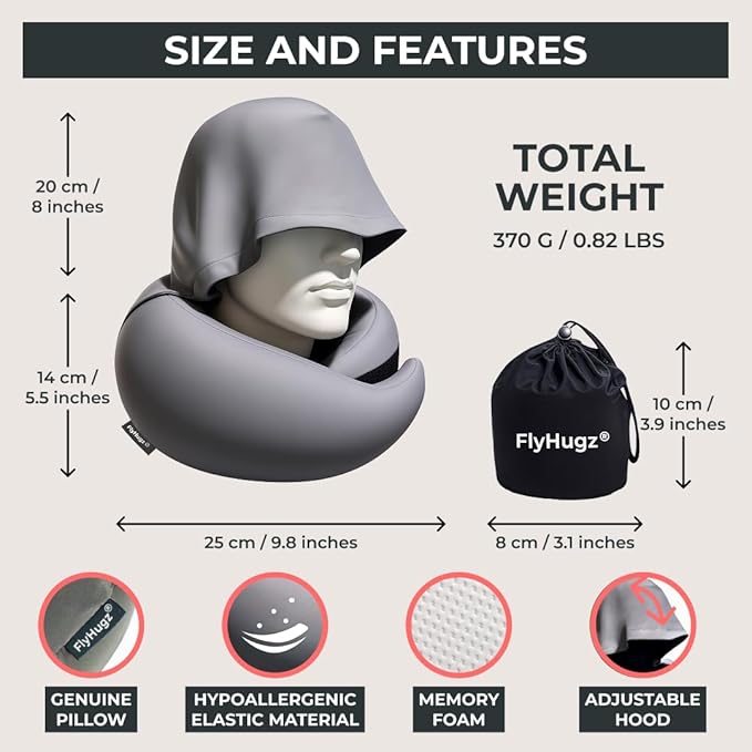 FlyHugz® 2.0 Hooded Travel Pillow – 2025 Original Release – Memory Foam Neck Pillow with Adjustable Hood & Premium Elastic Washable Cover – First Class Comfort for Flights, Road Trips & Sleep-Gray.