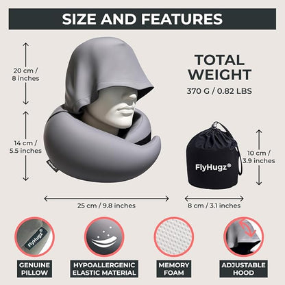 FlyHugz® 2.0 Hooded Travel Pillow – 2025 Original Release – Memory Foam Neck Pillow with Adjustable Hood & Premium Elastic Washable Cover – First Class Comfort for Flights, Road Trips & Sleep-Gray.