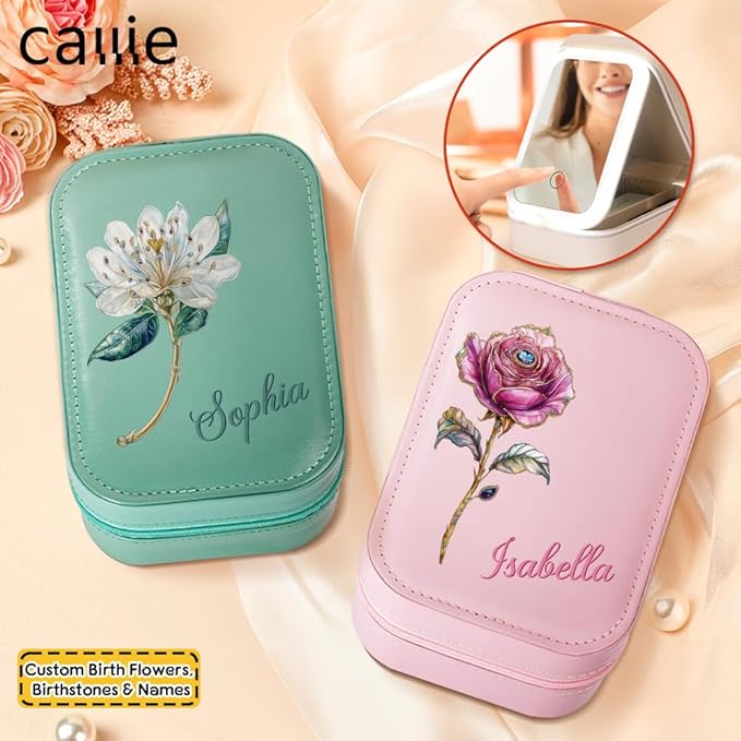 callie Personalized Birth Flower Jewelry Box with Mirror & LED 3 Adjustable Light, Custom Name - Travel Makeup Box Organizer, Birthday Christmas Gift for Women Girls