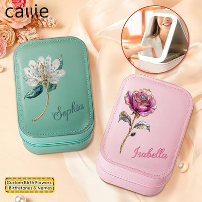 callie Personalized Birth Flower Jewelry Box with Mirror & LED 3 Adjustable Light, Custom Name - Travel Makeup Box Organizer, Birthday Christmas Gift for Women Girls