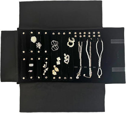 UnionPlus Velvet Jewelry Case Roll Bag for Necklace Bracelet Earrings Rings Multi-compartments, Great Jewelry Organizer for Travel, Black
