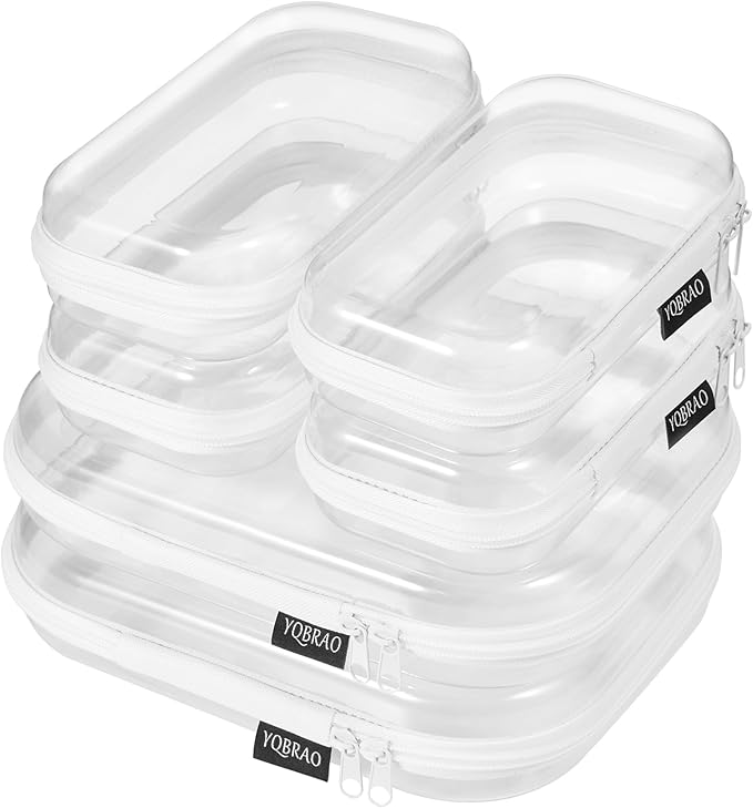 6 Pack Clear Hard Shell Zipper Case (4 Small & 2 Medium), Hard Plastic Organizer Pouches for Travel, Small Items, Makeup, Electronics & Art Supplies - Crush-Resistant & Waterproof Storage