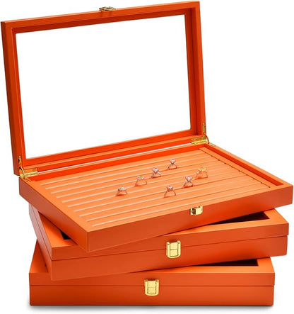 Oirlv Premium Leather Jewelry Tray with 24 Grid Removable Jewelry Cards Necklace Organizer Box with Transparent Acrylic Lid Necklace Pendant Display Case