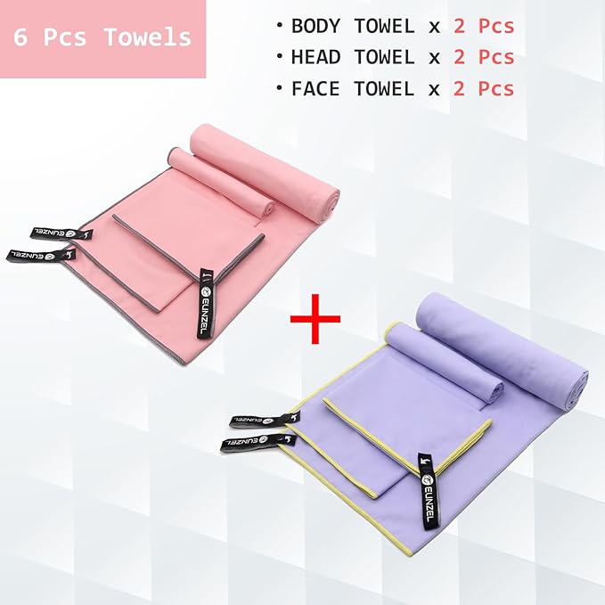 Eunzel 2 Set Quick Dry Camping Towel, Microfiber Travel Towel Super Absorbent Fast Drying Towel for Camping, Beach, Gym, Backpacking & Swimming(Two 3-Piece Towel Sets, Taro Purple/Pink)