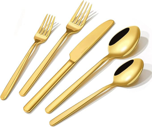 KINGSTONE Gold Silverware Set, 20 Piece Flatware Cutlery Set for 4, 18/10 Stainless Steel Silverware Mirror Polished Dishwasher Safe for Home, Restaurant, Wedding, Party(Gold, 20 pieces for 4)