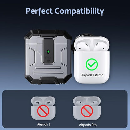 DASFOND Armor Cover AirPods 2nd & 1st Generation Case, Military Grade Full Body Shockproof Protection Hard Case, Support Wireless Charging with Keychain, Magnetic Lid, Front LED Visible, Silver