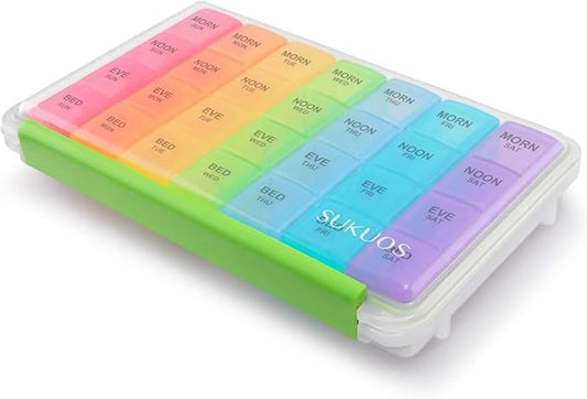 Sukuos Large Weekly Pill Organizer 7 Day (4 Times a Day), Moisture-Resistant Daily Pill Box Medicine Cases for Vitamin/Fish Oil/Supplements - Rainbow Colors